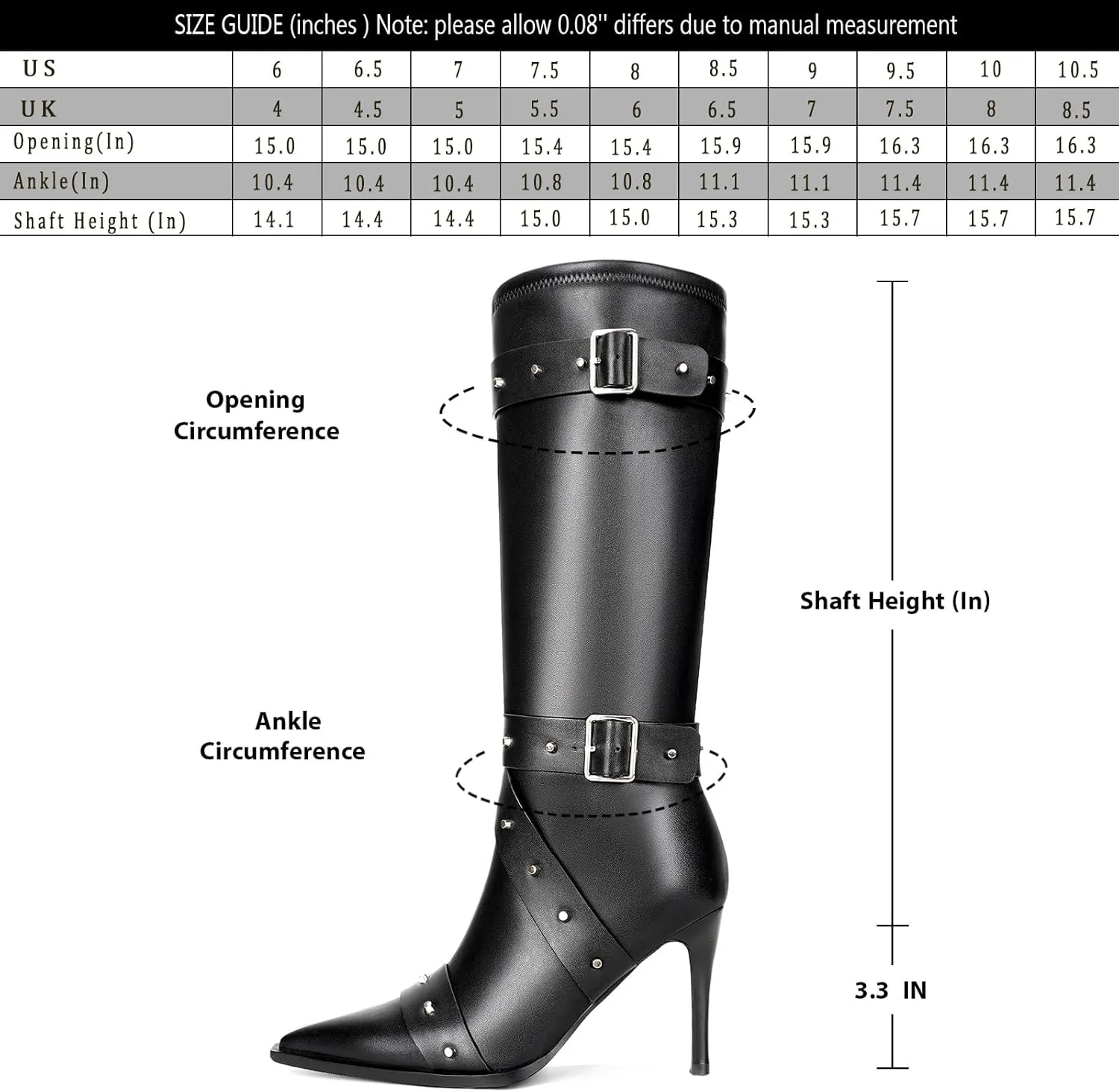 Knee High Boots for Women Pointed Toe Buckle Strap Stiletto Heel Boots Rivets Stud Tall Sexy Dress Long Boots with Zipper
