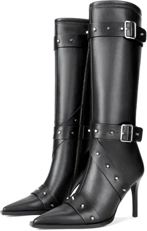 Knee High Boots for Women Pointed Toe Buckle Strap Stiletto Heel Boots Rivets Stud Tall Sexy Dress Long Boots with Zipper
