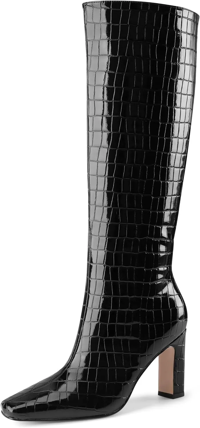 Knee High Boots Women Black Long Boots Slip on Tall Boots Chunky High Heel Square Toe Crocodile Pattern Leather Boots with Side Zipper for Ladies Sexy