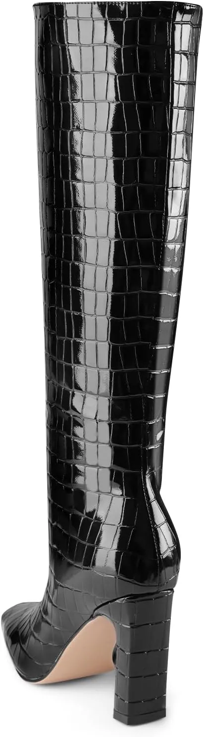 Knee High Boots Women Black Long Boots Slip on Tall Boots Chunky High Heel Square Toe Crocodile Pattern Leather Boots with Side Zipper for Ladies Sexy