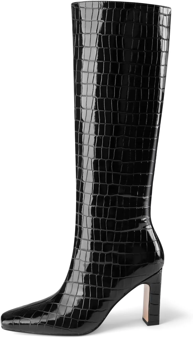 Knee High Boots Women Black Long Boots Slip on Tall Boots Chunky High Heel Square Toe Crocodile Pattern Leather Boots with Side Zipper for Ladies Sexy