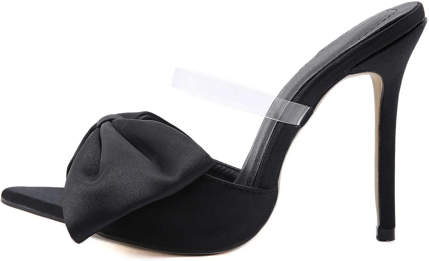 KOKOMOMO Womens Bow High Heels Mules Stiletto Slides Mule Heels Open Toe Heeled Sandals with Bowknot