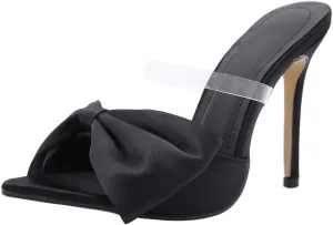KOKOMOMO Womens Bow High Heels Mules Stiletto Slides Mule Heels Open Toe Heeled Sandals with Bowknot