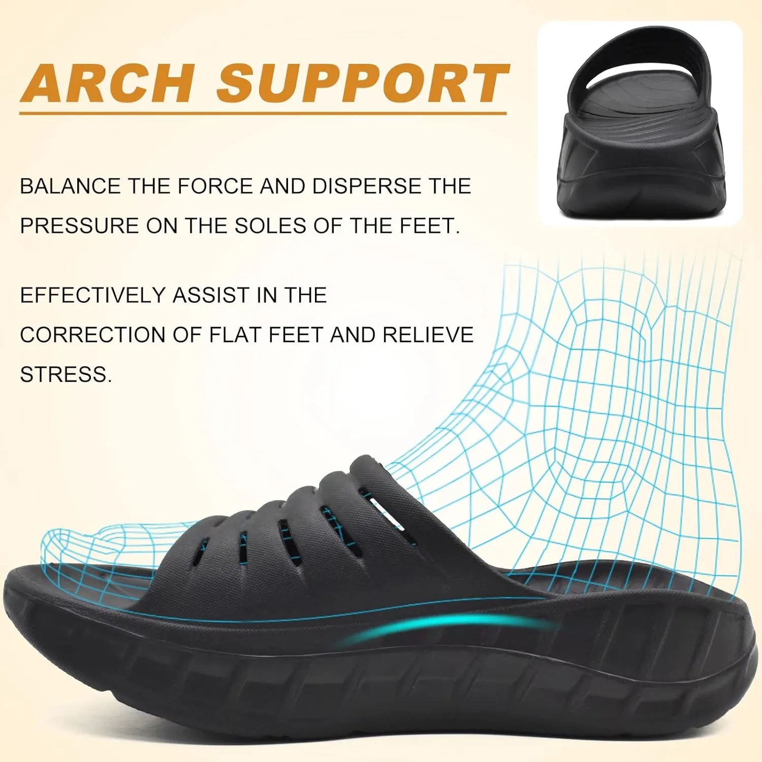 KuaiLu Mens Recovery Sandals Orthotic Thick Cushion Open Toe Sport Slides, Reduces Stress on Feet With Comfortable Plantar Fasciitis, Joints & Back Post-Exercise