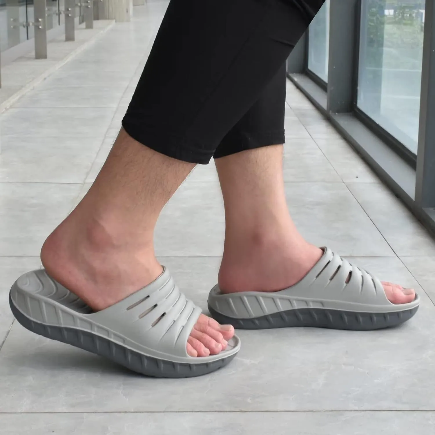 KuaiLu Mens Recovery Sandals Orthotic Thick Cushion Open Toe Sport Slides, Reduces Stress on Feet With Comfortable Plantar Fasciitis, Joints & Back Post-Exercise