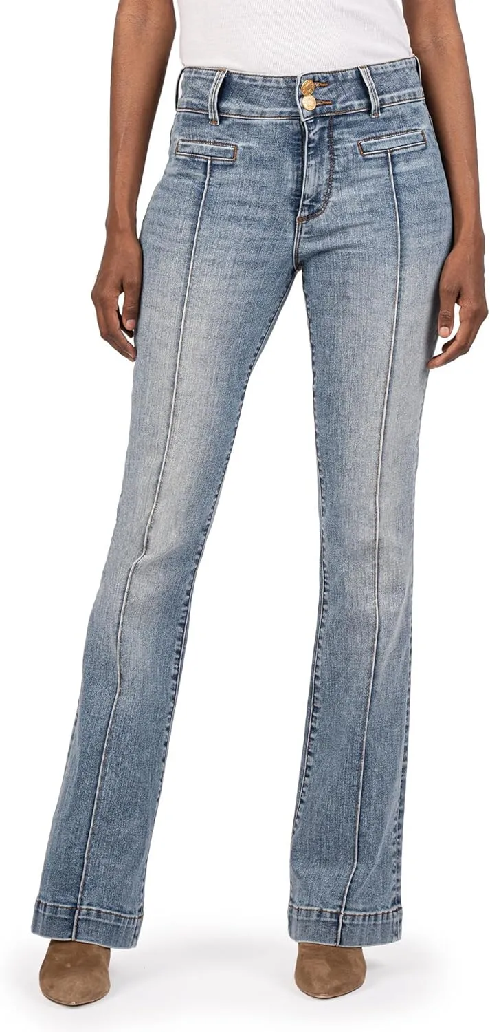 KUT from the Kloth Women's Ana High-Rise Flare-Front Welt Double Button Waistband in Renewed