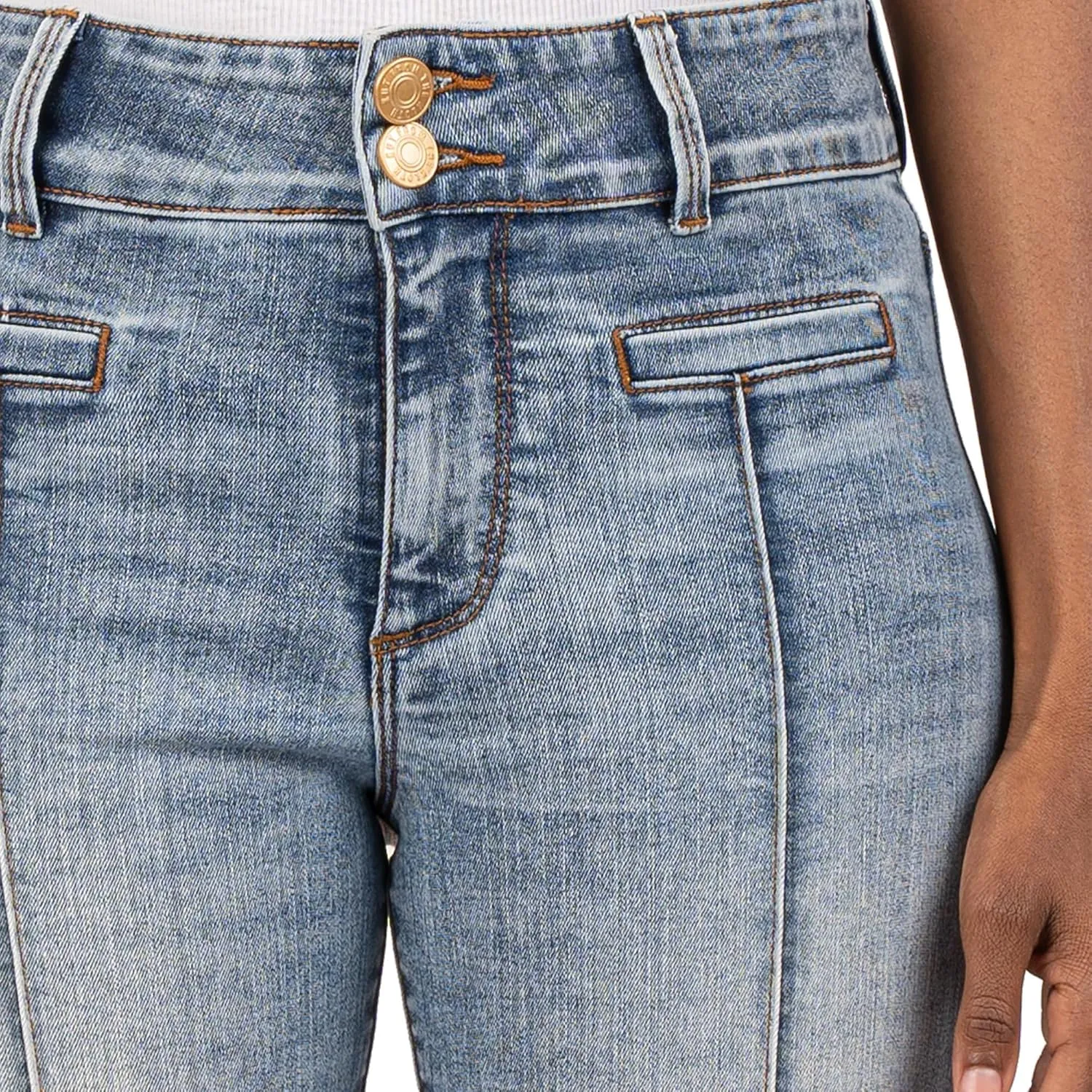 KUT from the Kloth Women's Ana High-Rise Flare-Front Welt Double Button Waistband in Renewed