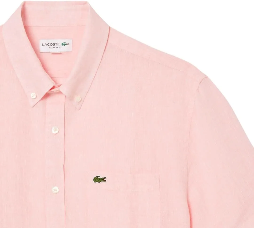 Lacoste Men's Short Sleeve Regular Fit Linen Button Down Shirt with Front Pocket