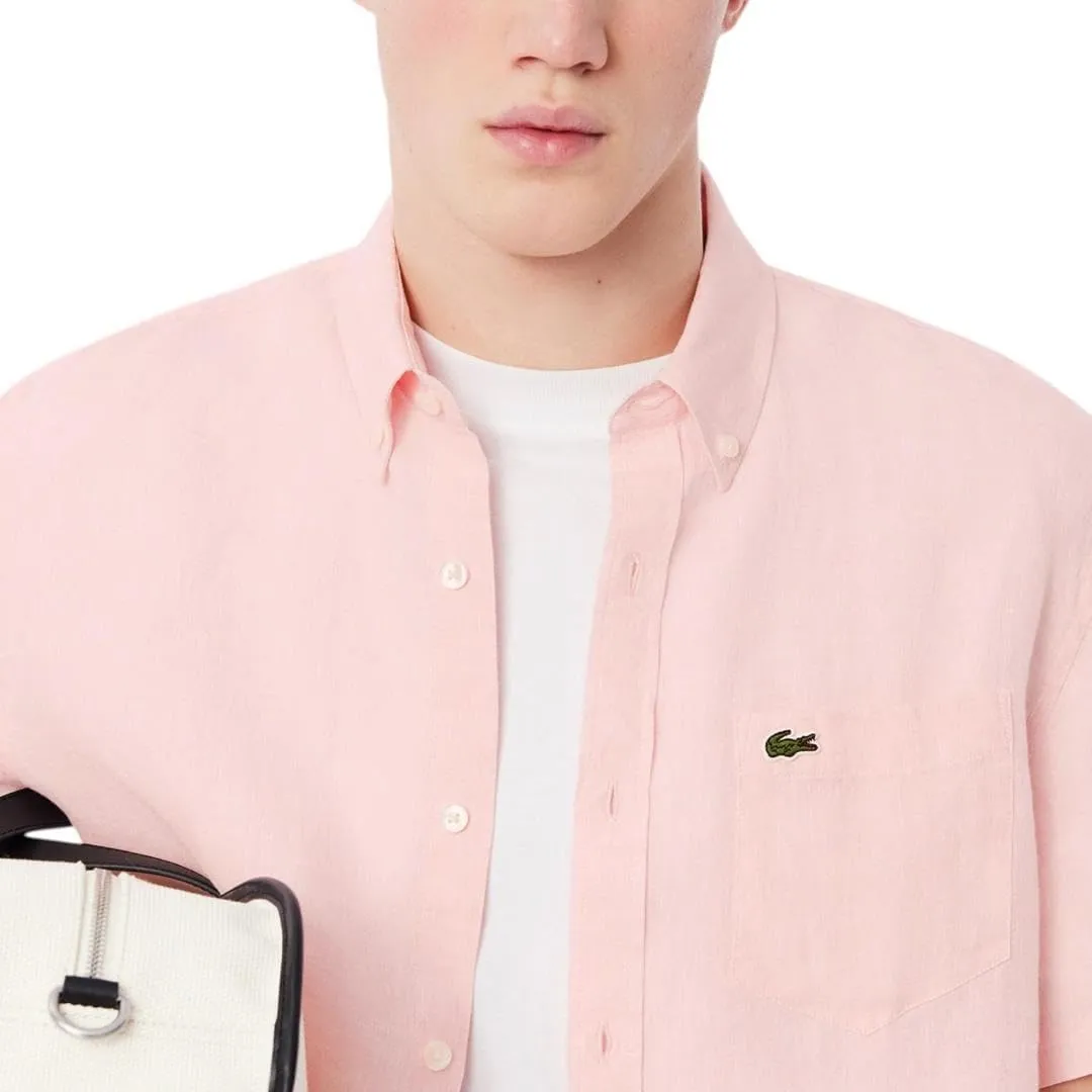 Lacoste Men's Short Sleeve Regular Fit Linen Button Down Shirt with Front Pocket