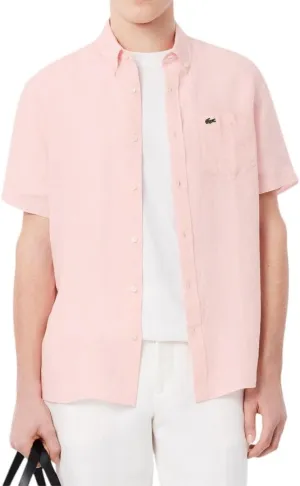 Lacoste Men's Short Sleeve Regular Fit Linen Button Down Shirt with Front Pocket