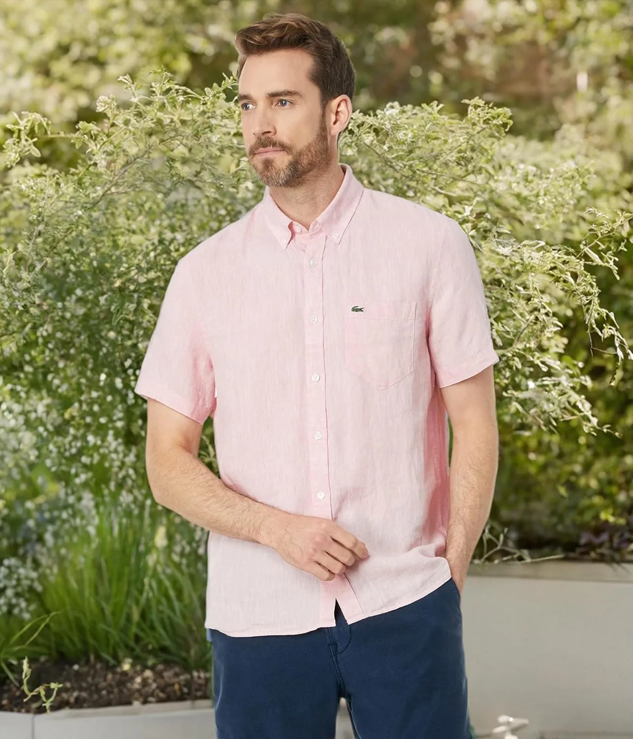 Lacoste Men's Short Sleeve Regular Fit Linen Button Down Shirt with Front Pocket