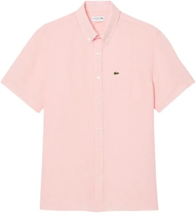 Lacoste Men's Short Sleeve Regular Fit Linen Button Down Shirt with Front Pocket