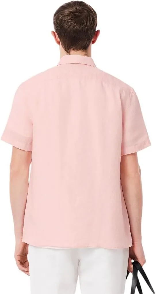 Lacoste Men's Short Sleeve Regular Fit Linen Button Down Shirt with Front Pocket