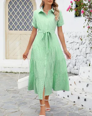 Ladyful Women's Striped Shirt Babydoll Dress Short Sleeve Beach Tiered Sundress with Belt