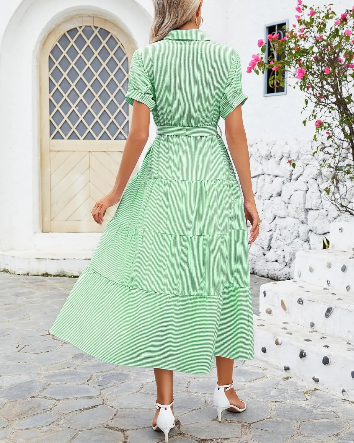 Ladyful Women's Striped Shirt Babydoll Dress Short Sleeve Beach Tiered Sundress with Belt