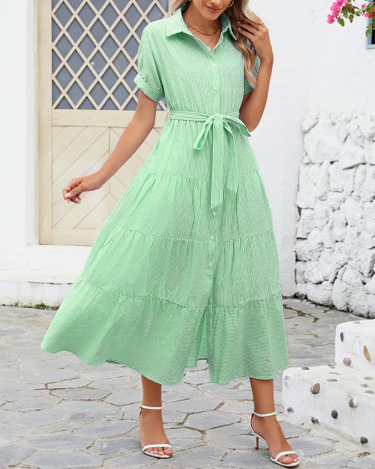 Ladyful Women's Striped Shirt Babydoll Dress Short Sleeve Beach Tiered Sundress with Belt
