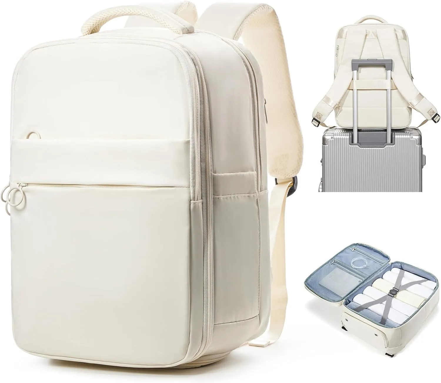 Large Travel Backpack - Carry On Flight Approved for Airplane, Travel Essentials for Women and Men, Personal Item Bag - Beige