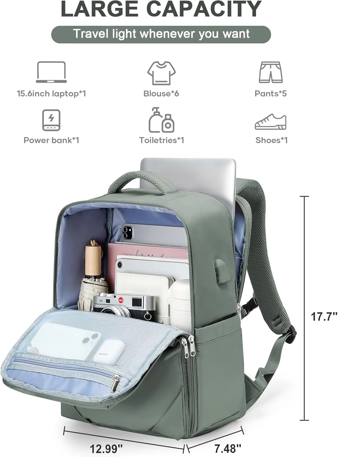 Large Travel Backpack Carry On Flight Approved Mochila De Viaje Carry On Backpack For Women Men Airplanes Backpack For Travel Backpacks Personal Item Travel Bag Army Green