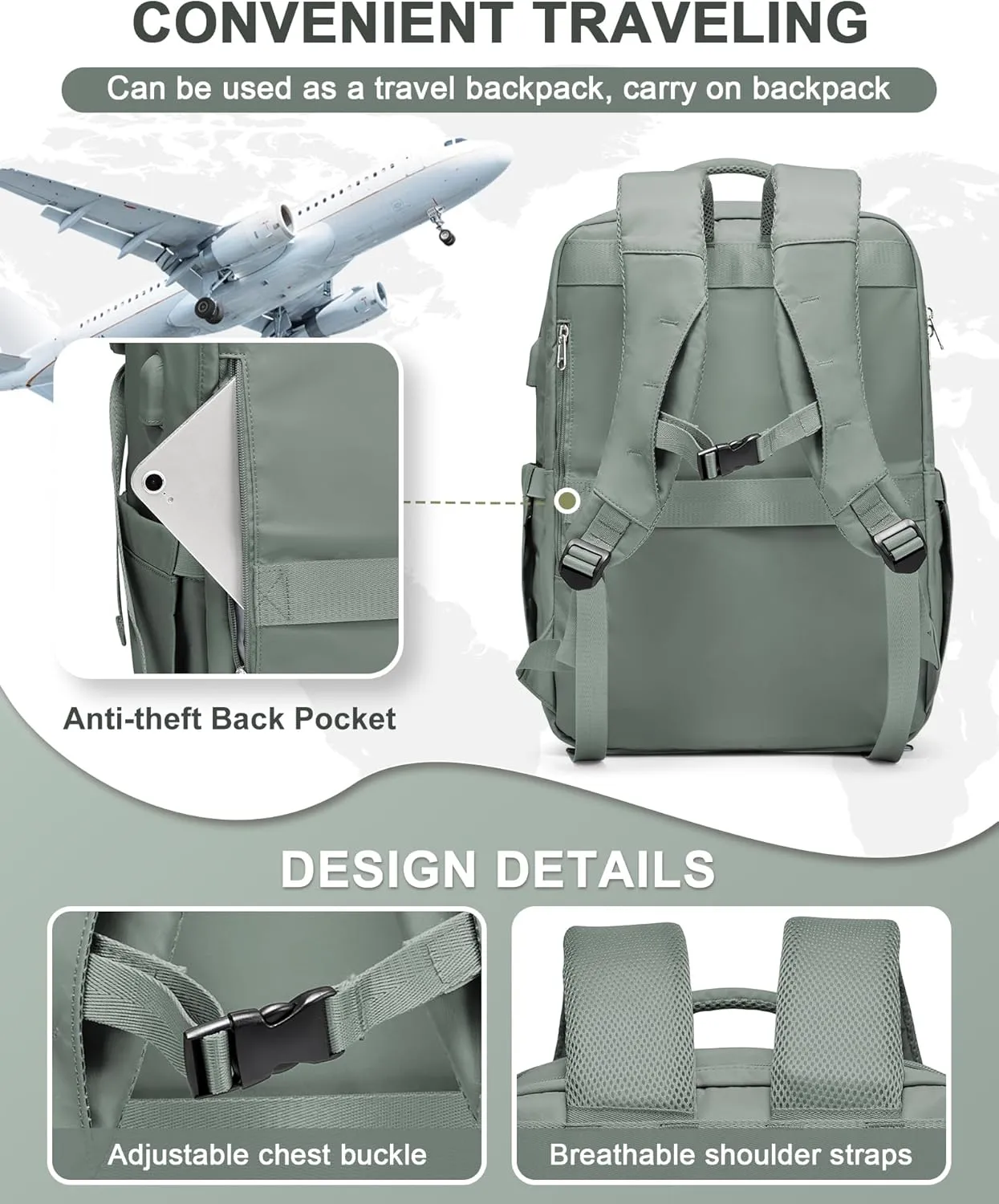 Large Travel Backpack Carry On Flight Approved Mochila De Viaje Carry On Backpack For Women Men Airplanes Backpack For Travel Backpacks Personal Item Travel Bag Army Green