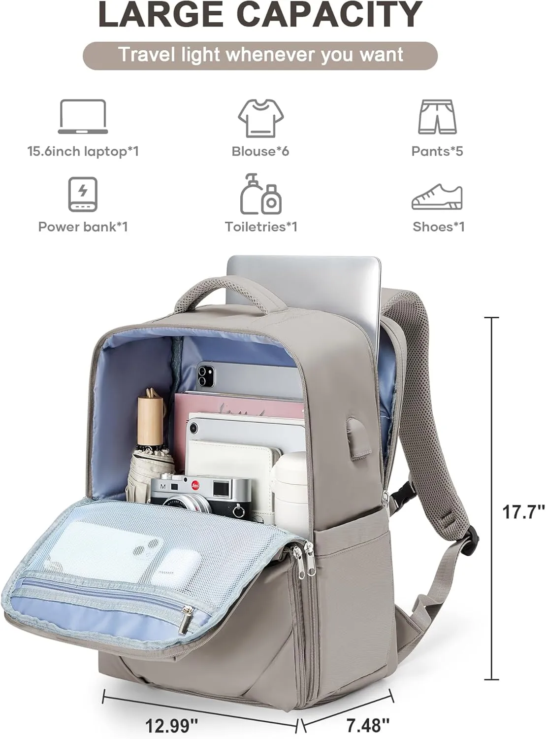 Large Travel Backpack - Carry On Flight Approved Mochila De Viaje For Women & Men - Airplane Personal Item Travel Bag - Khaki