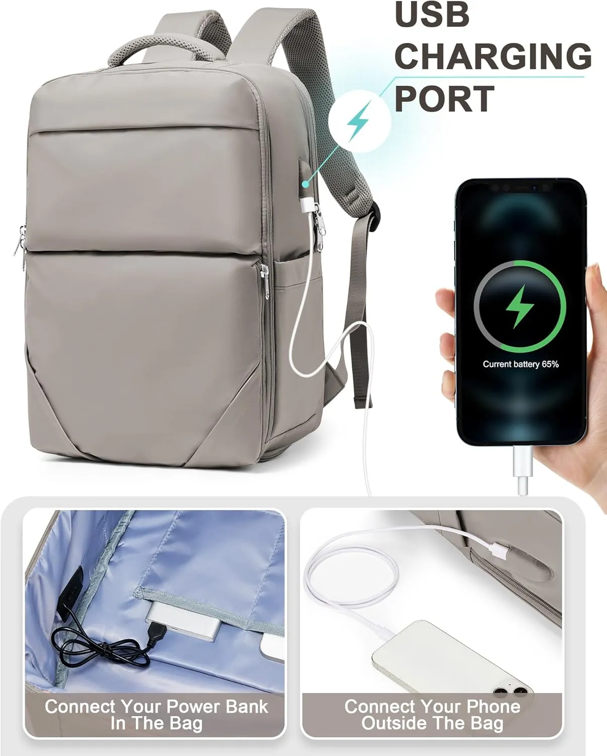 Large Travel Backpack - Carry On Flight Approved Mochila De Viaje For Women & Men - Airplane Personal Item Travel Bag - Khaki