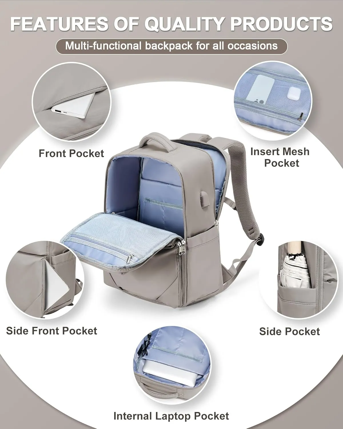 Large Travel Backpack - Carry On Flight Approved Mochila De Viaje For Women & Men - Airplane Personal Item Travel Bag - Khaki
