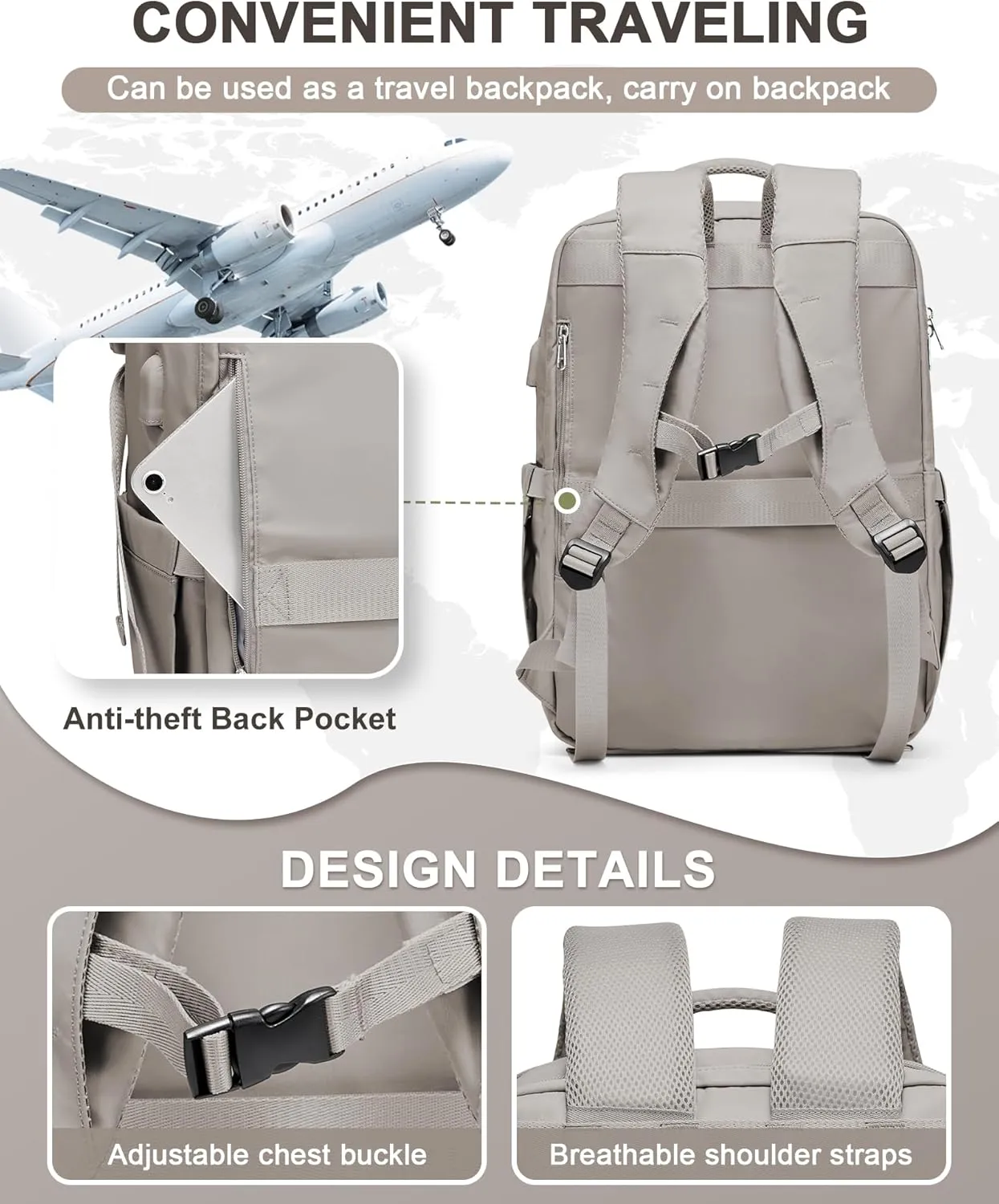 Large Travel Backpack - Carry On Flight Approved Mochila De Viaje For Women & Men - Airplane Personal Item Travel Bag - Khaki