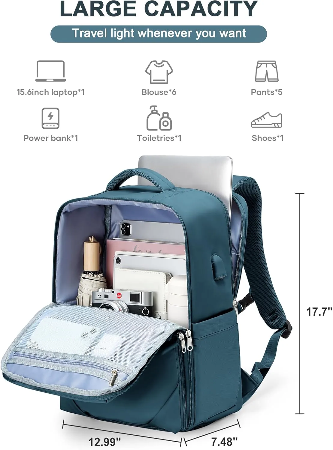 Large Travel Backpack - Carry On Flight Approved Mochila De Viaje For Women & Men - Airplane Personal Item Travel Bag - Peacock Blue