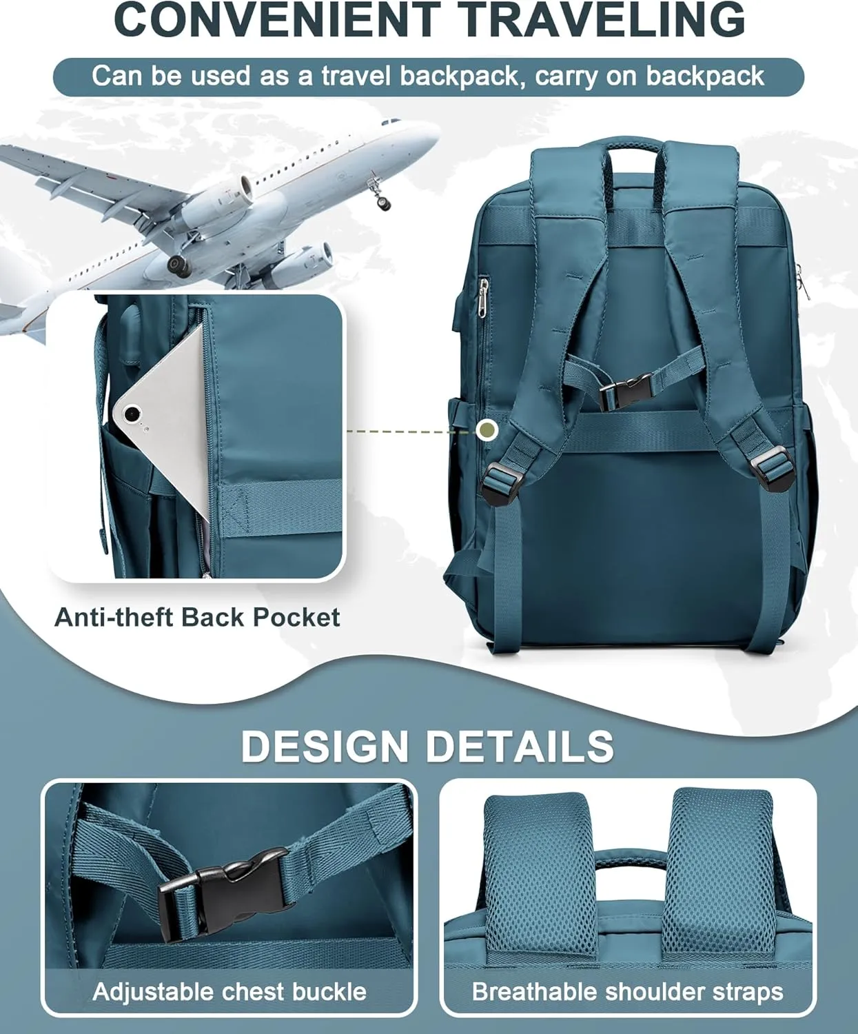 Large Travel Backpack - Carry On Flight Approved Mochila De Viaje For Women & Men - Airplane Personal Item Travel Bag - Peacock Blue