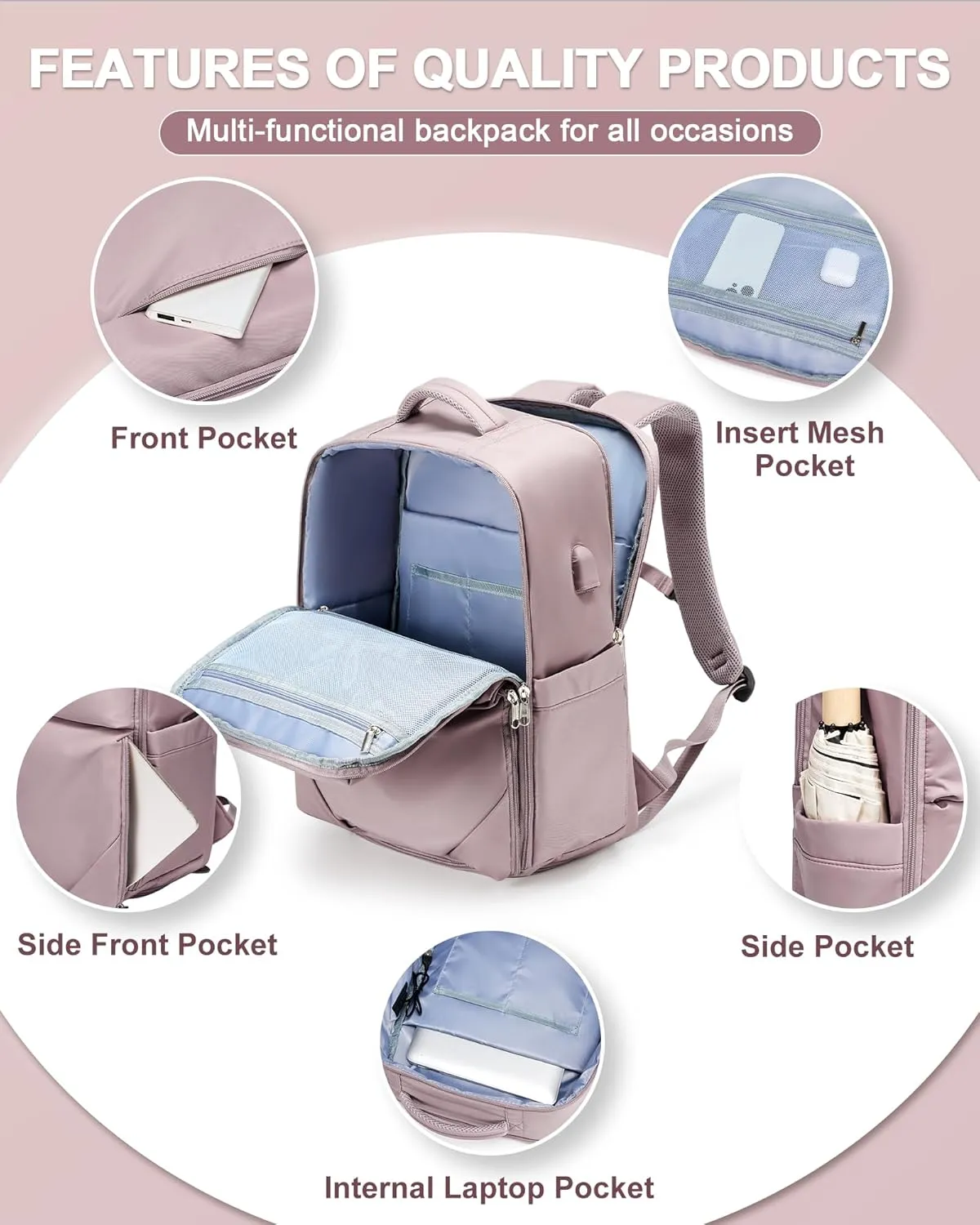 Large Travel Backpack - Carry On Flight Approved Mochila De Viaje For Women & Men - Airplane Personal Item Travel Bag - Pink & Purple