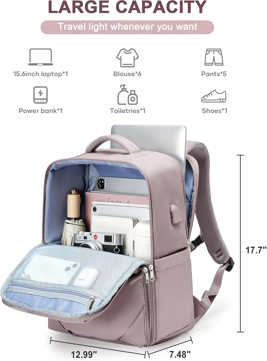 Large Travel Backpack - Carry On Flight Approved Mochila De Viaje For Women & Men - Airplane Personal Item Travel Bag - Pink & Purple