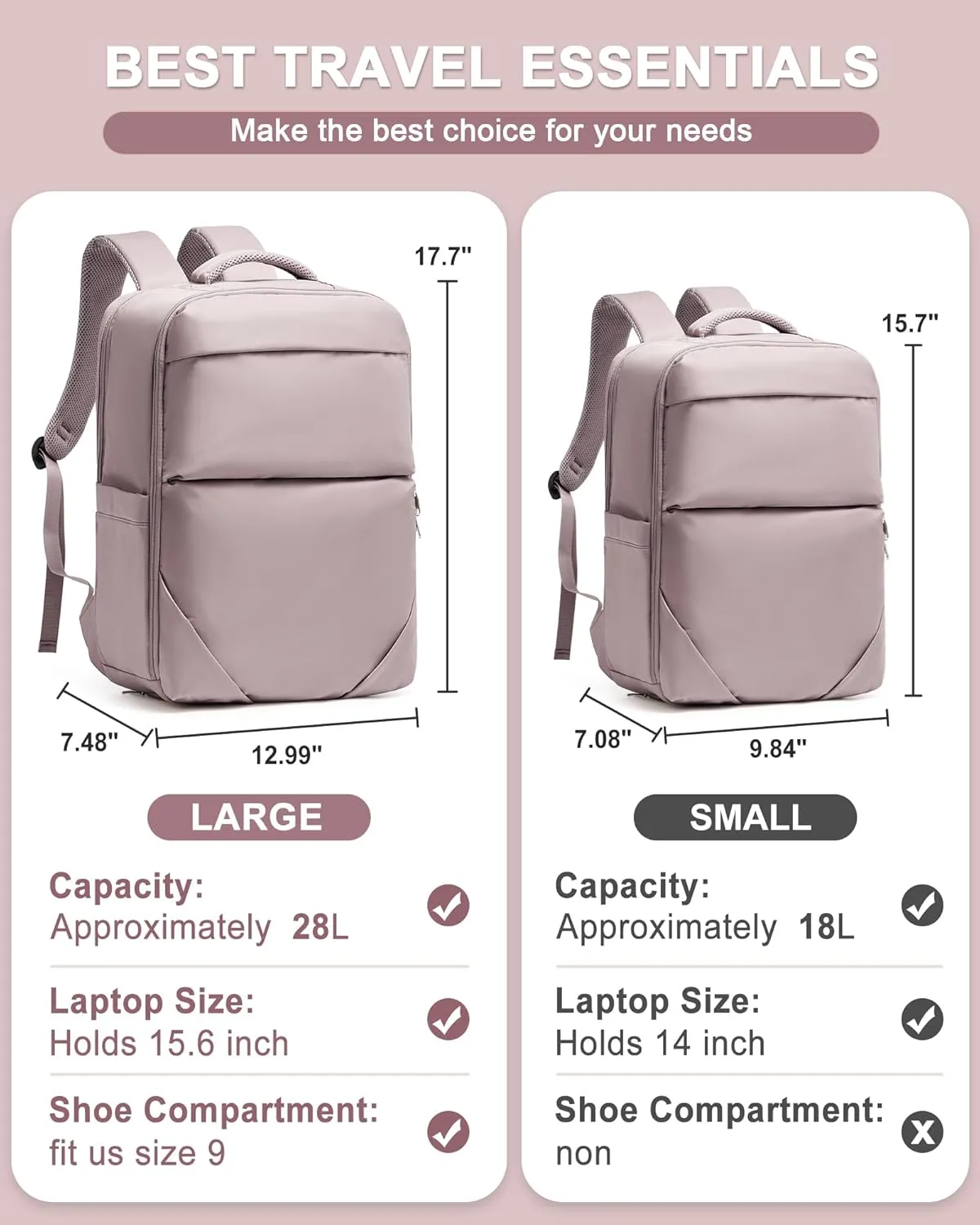 Large Travel Backpack - Carry On Flight Approved Mochila De Viaje For Women & Men - Airplane Personal Item Travel Bag - Pink & Purple