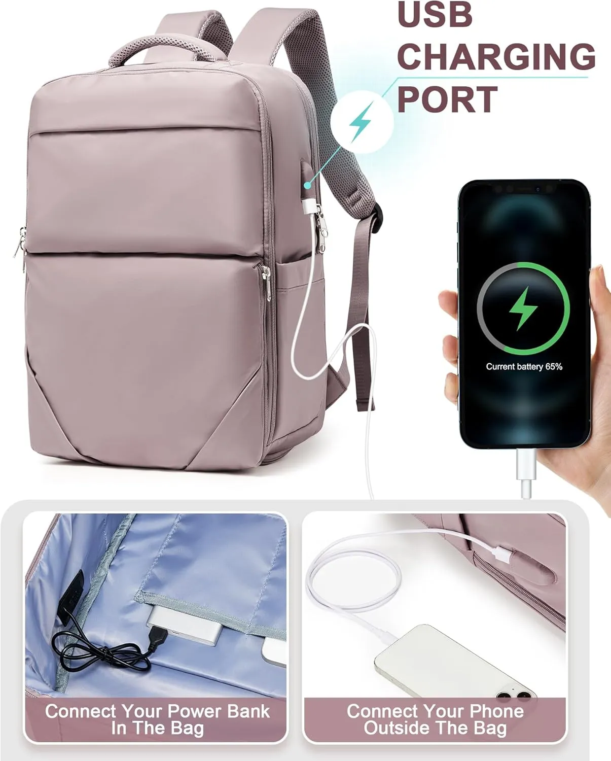 Large Travel Backpack - Carry On Flight Approved Mochila De Viaje For Women & Men - Airplane Personal Item Travel Bag - Pink & Purple