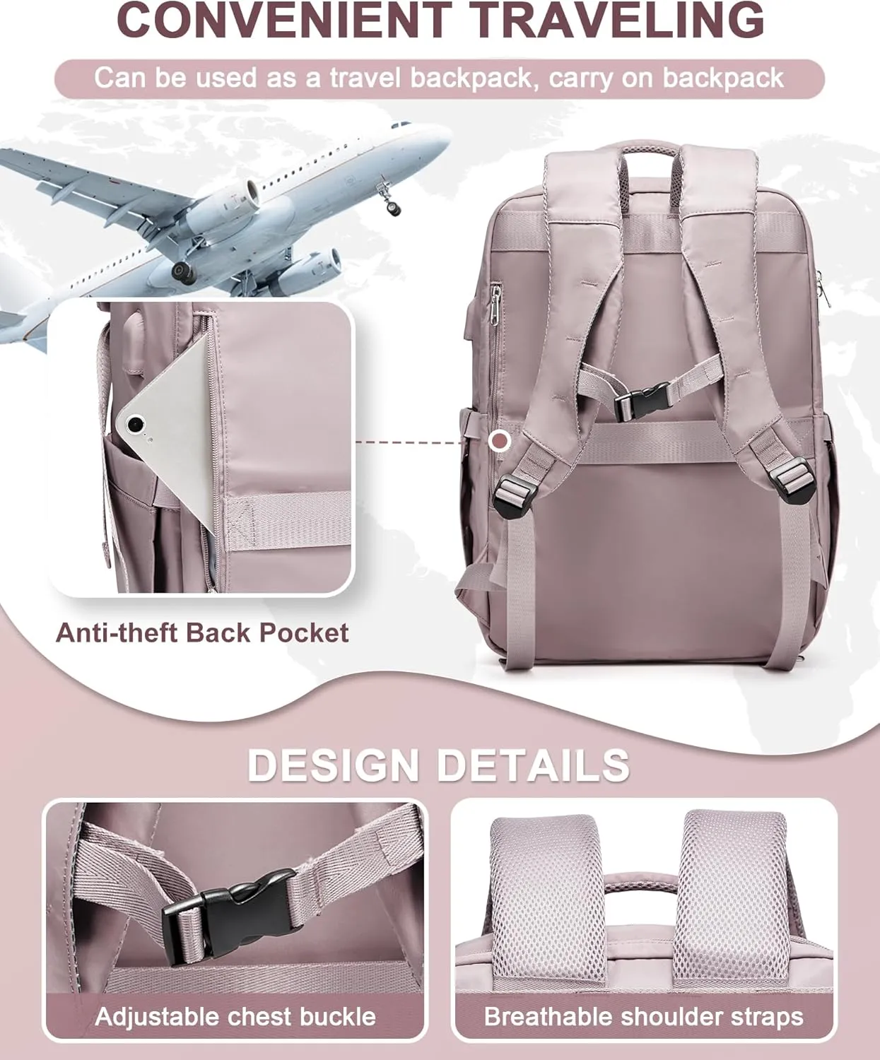 Large Travel Backpack - Carry On Flight Approved Mochila De Viaje For Women & Men - Airplane Personal Item Travel Bag - Pink & Purple