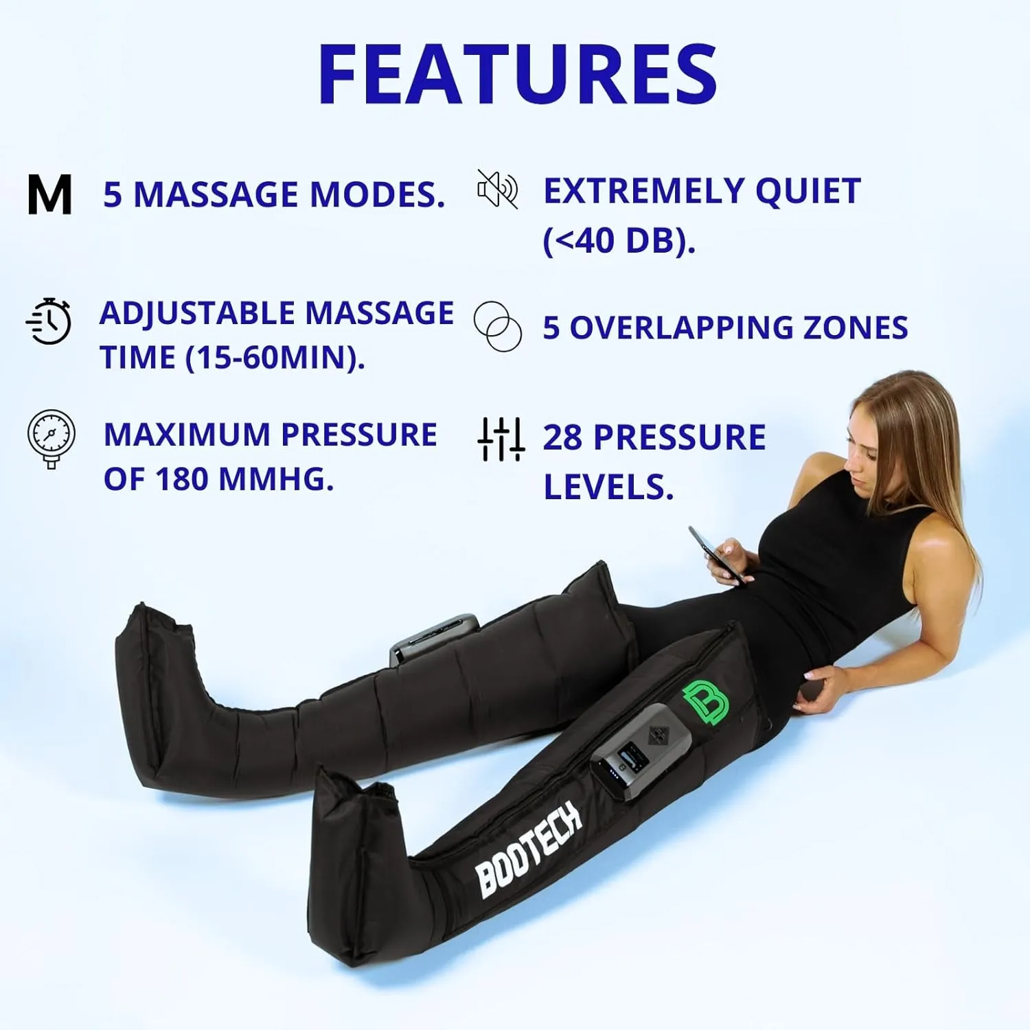 Leg Compression Recovery Boots for Circulation, Cordless Air Compression Therapy System Rechargeable Massage with 5 Modes, 5 Air Chambers, 4H Battery Life with Automatic Deflation Technology
