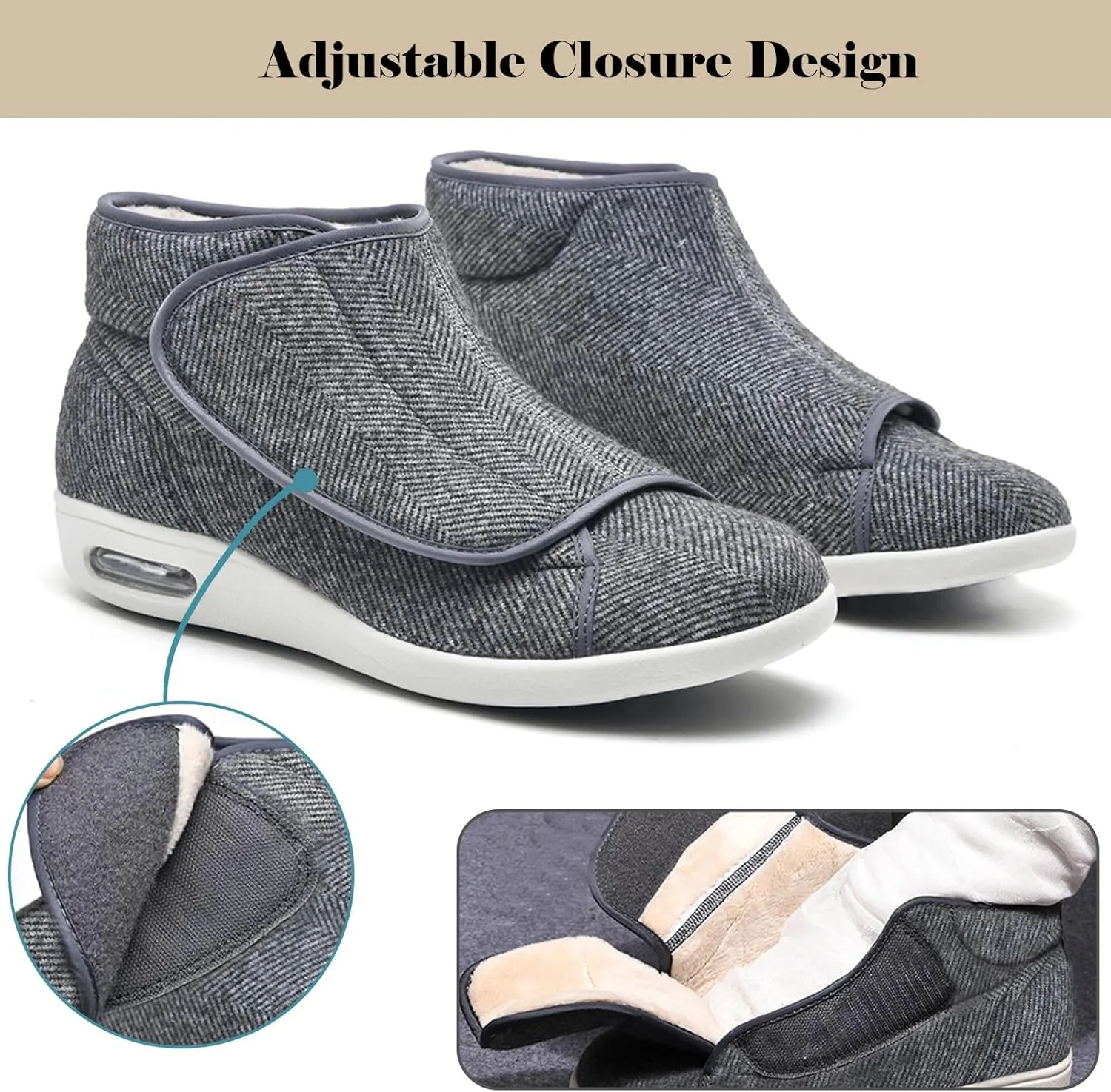 Lightweight Walking Sneakers,Adjustable Warm Plush Wide Width Shoes Winter Orthopedic Shoes Indoor Outdoor for Seniors Swollen Feet