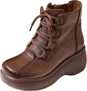 Lossarye Platform Lace-Up Leather Ankle Boots for Women Retro Round Toe Side Zipper Heightening Booties Fashion Chunky Heel Combat Boots