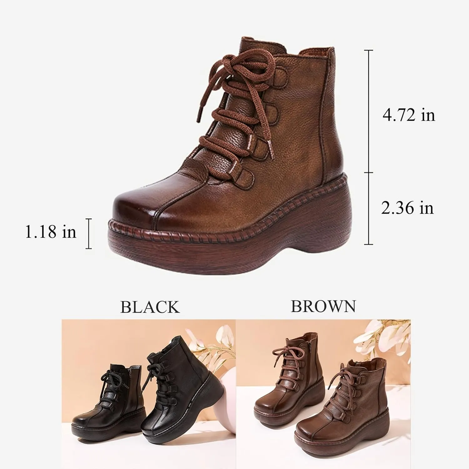 Lossarye Platform Lace-Up Leather Ankle Boots for Women Retro Round Toe Side Zipper Heightening Booties Fashion Chunky Heel Combat Boots