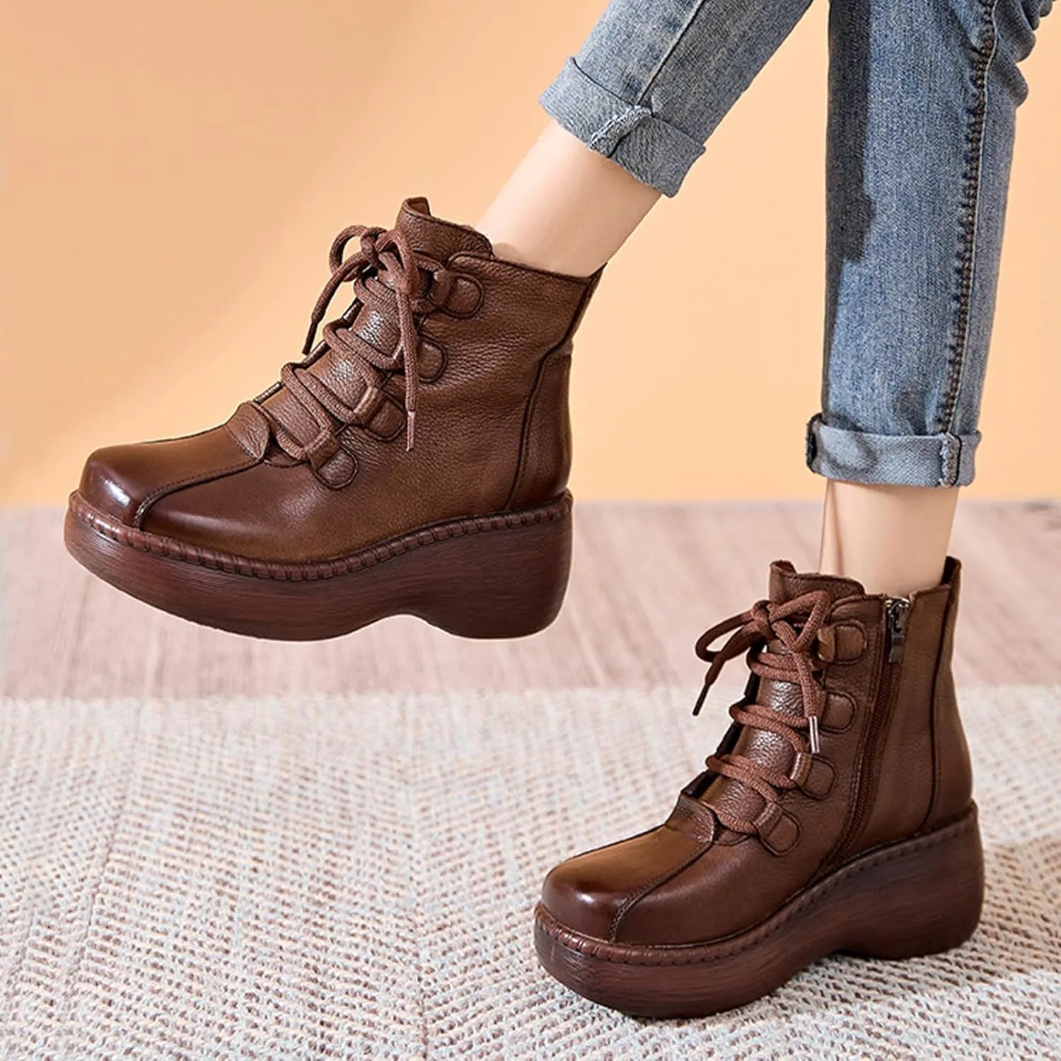 Lossarye Platform Lace-Up Leather Ankle Boots for Women Retro Round Toe Side Zipper Heightening Booties Fashion Chunky Heel Combat Boots