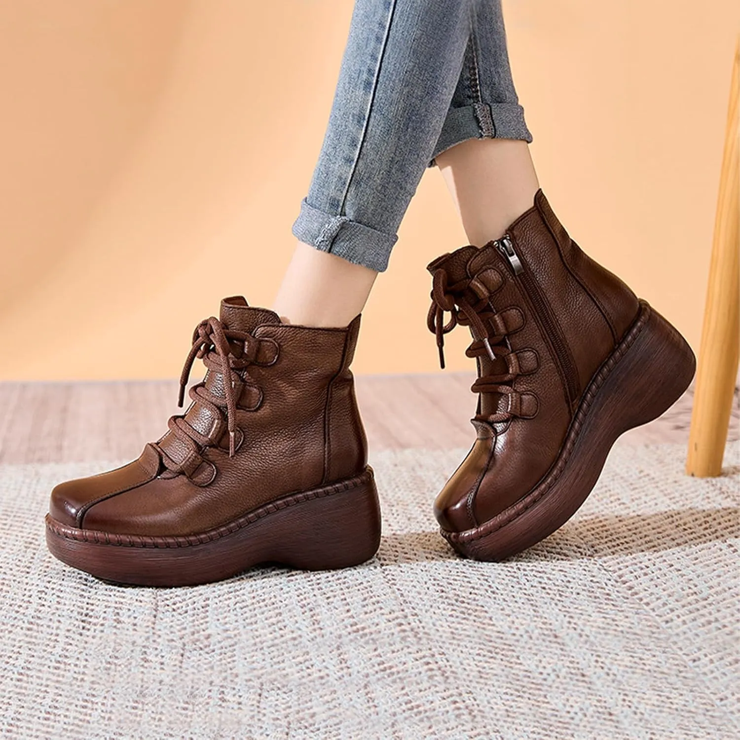 Lossarye Platform Lace-Up Leather Ankle Boots for Women Retro Round Toe Side Zipper Heightening Booties Fashion Chunky Heel Combat Boots