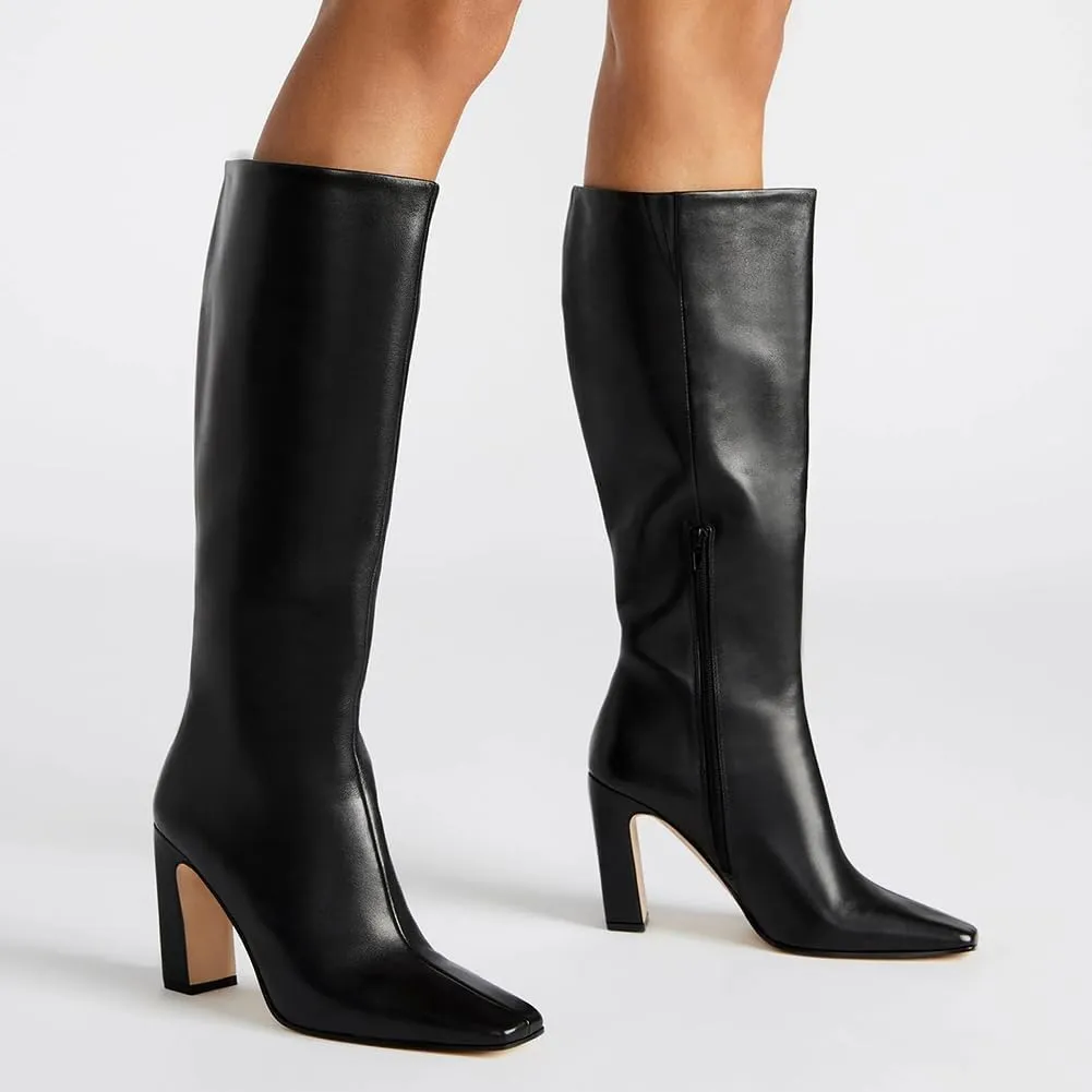 Lovee Cosee Knee High Boots for Women Square Toe Chunky Heeled Boots with Side Zipper Fashion Dress Elastic Tall Boots