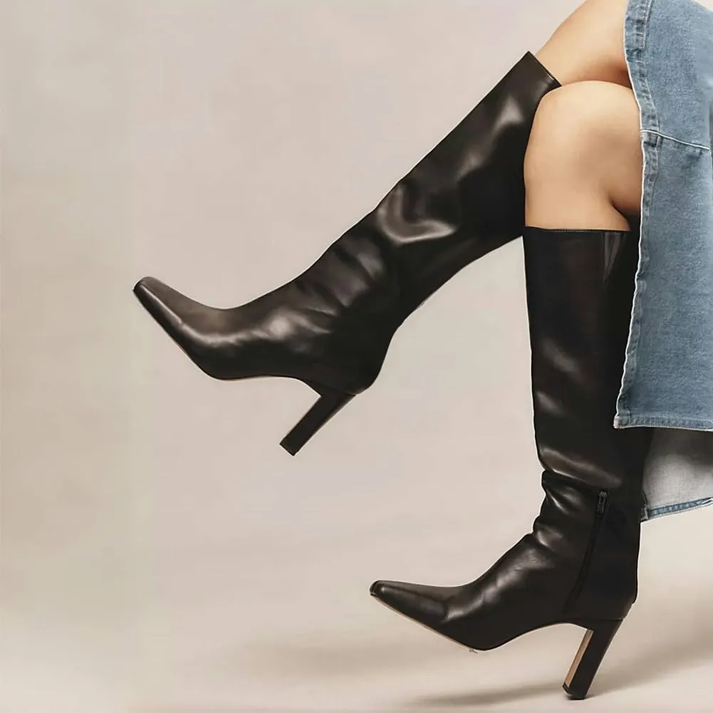Lovee Cosee Knee High Boots for Women Square Toe Chunky Heeled Boots with Side Zipper Fashion Dress Elastic Tall Boots
