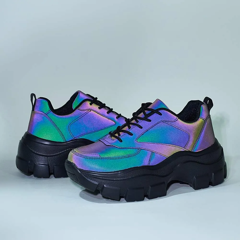 LUCKY STEP Women Chunky Platform Dad Colorblock White Neon Green Fuchsia Hologram Silver Casual Lace-Up Walking Sneakers
