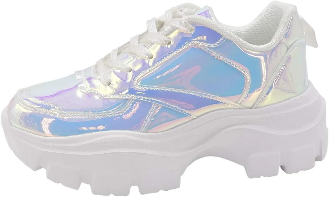 LUCKY STEP Women Chunky Platform Dad Colorblock White Neon Green Fuchsia Hologram Silver Casual Lace-Up Walking Sneakers