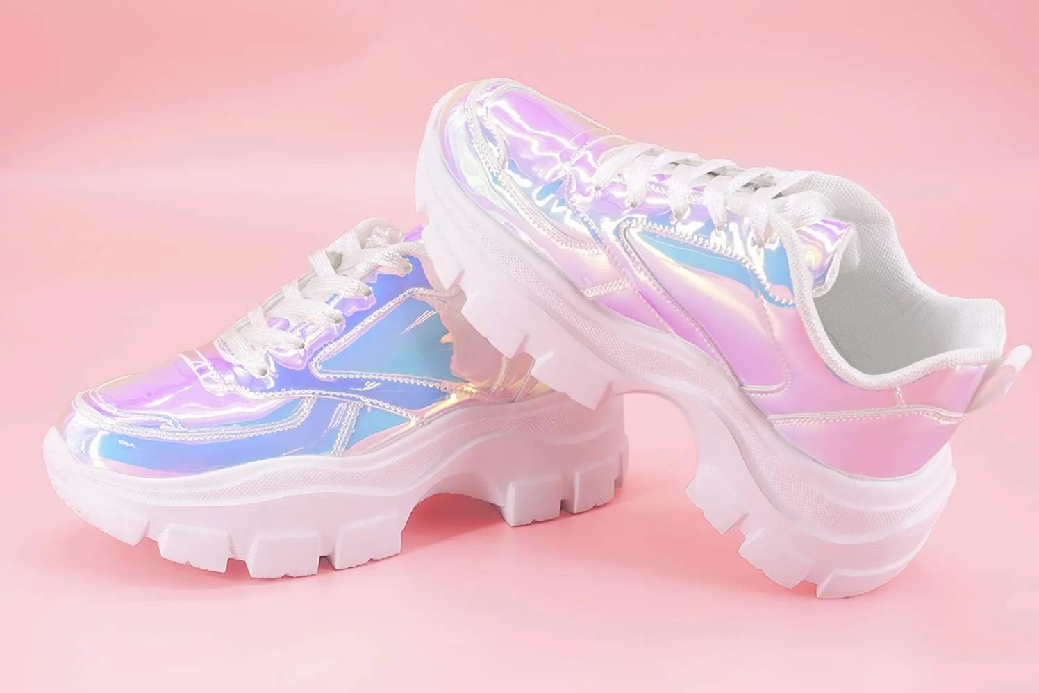 LUCKY STEP Women Chunky Platform Dad Colorblock White Neon Green Fuchsia Hologram Silver Casual Lace-Up Walking Sneakers