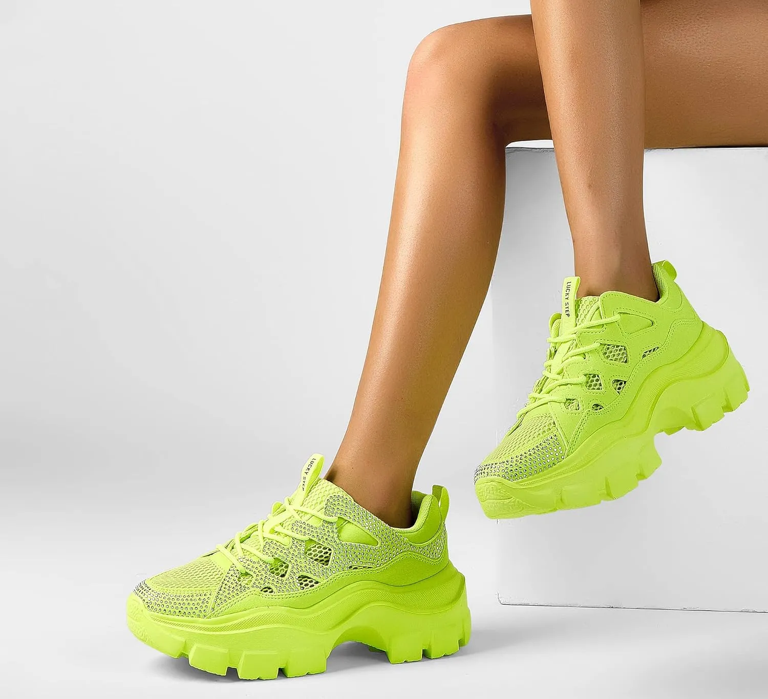 LUCKY STEP Women Chunky Platform Dad Colorblock White Neon Green Fuchsia Hologram Silver Casual Lace-Up Walking Sneakers