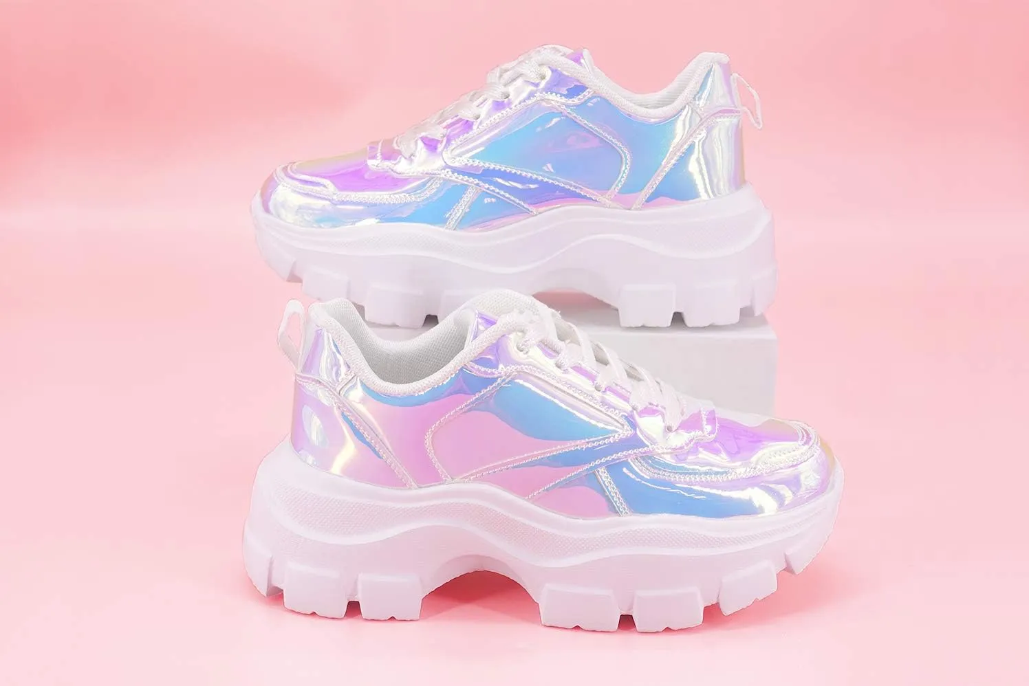 LUCKY STEP Women Chunky Platform Dad Colorblock White Neon Green Fuchsia Hologram Silver Casual Lace-Up Walking Sneakers