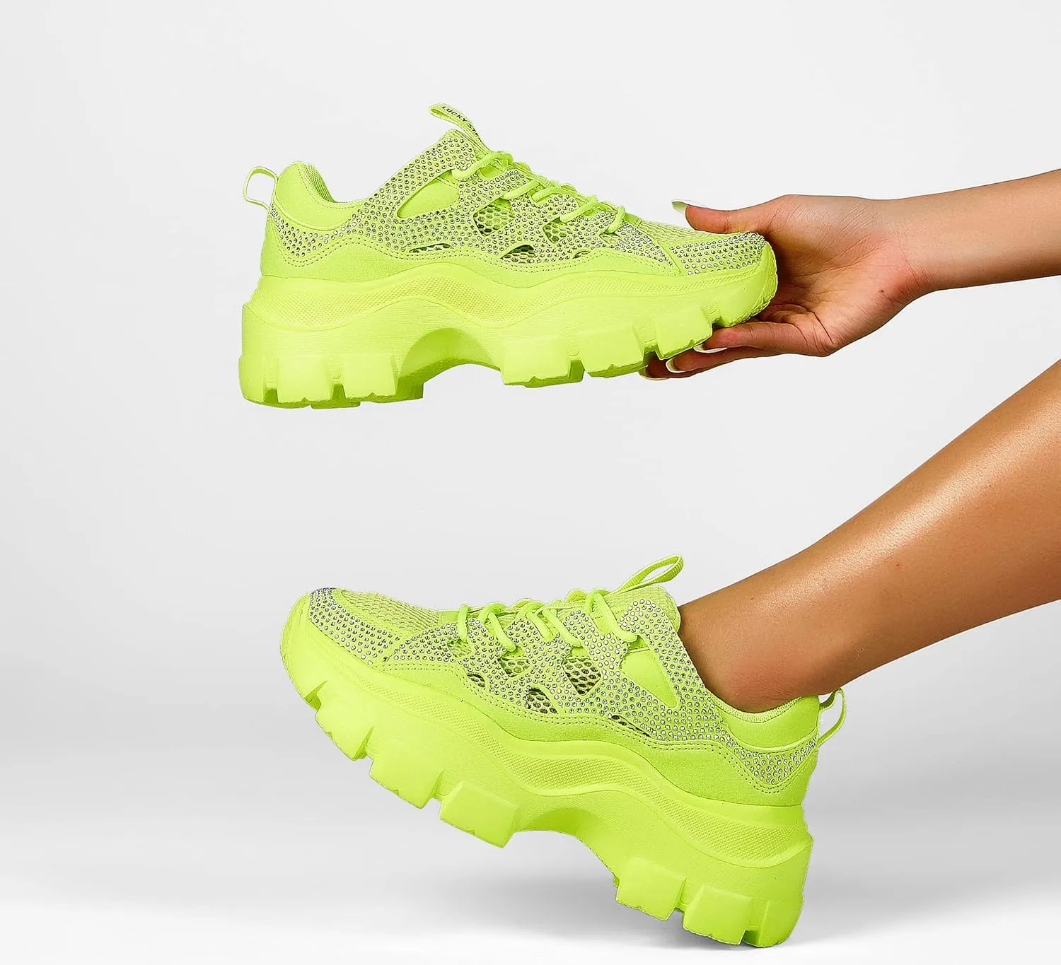 LUCKY STEP Women Chunky Platform Dad Colorblock White Neon Green Fuchsia Hologram Silver Casual Lace-Up Walking Sneakers
