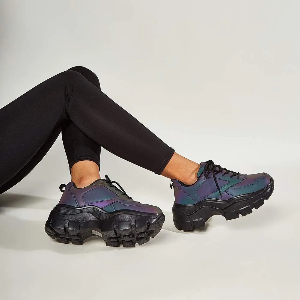 LUCKY STEP Women Chunky Platform Dad Colorblock White Neon Green Fuchsia Hologram Silver Casual Lace-Up Walking Sneakers