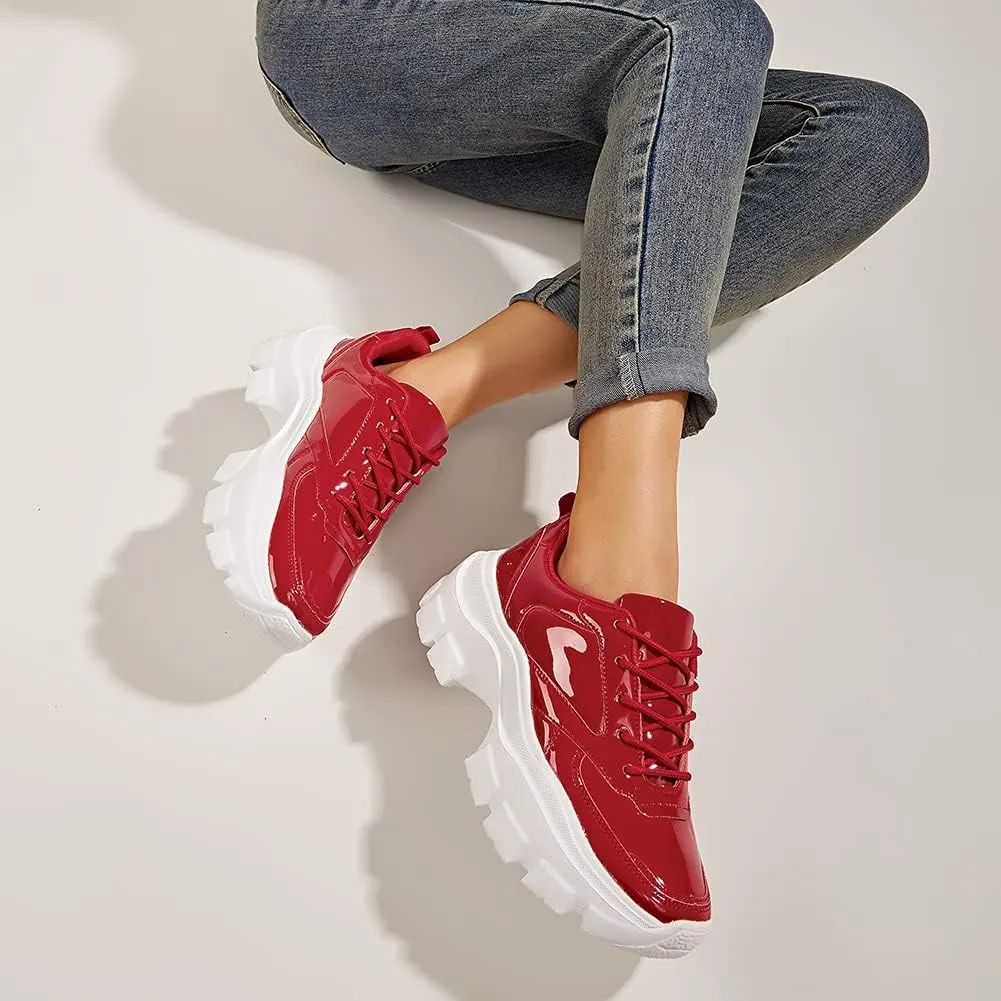 LUCKY STEP Women Chunky Platform Dad Colorblock White Neon Green Fuchsia Hologram Silver Casual Lace-Up Walking Sneakers